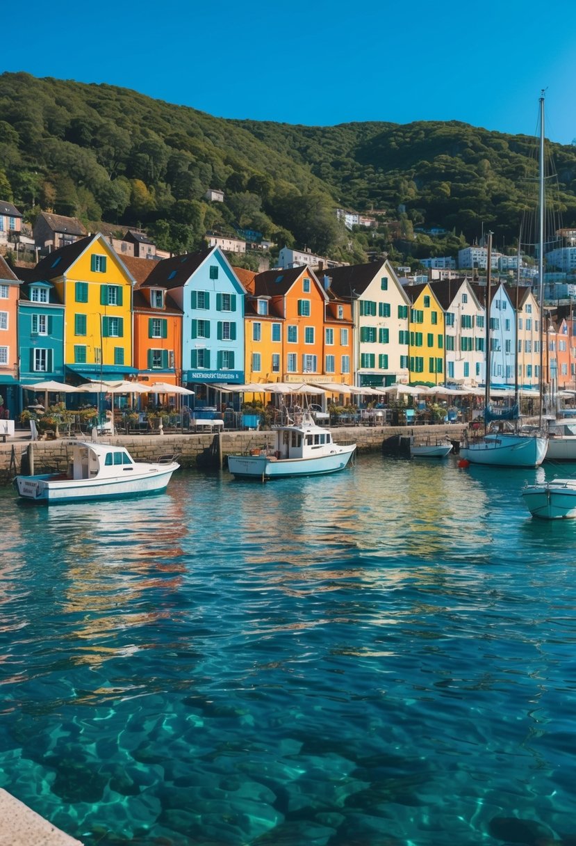 A serene harbor with colorful buildings lining the waterfront, boats bobbing in the crystal-clear water, and lush green hills in the background