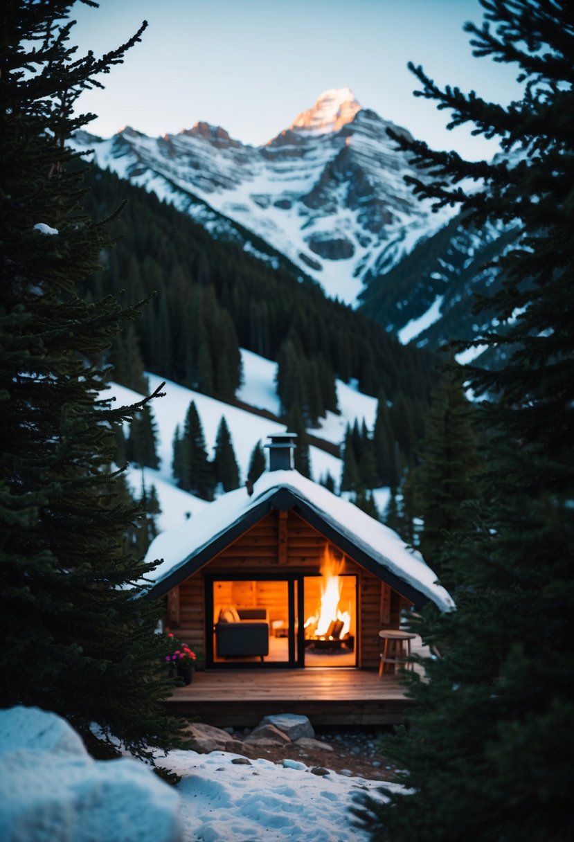 A cozy mountain cabin nestled among snowy peaks and pine trees, with a warm fire burning inside and a view of the serene Manali landscape