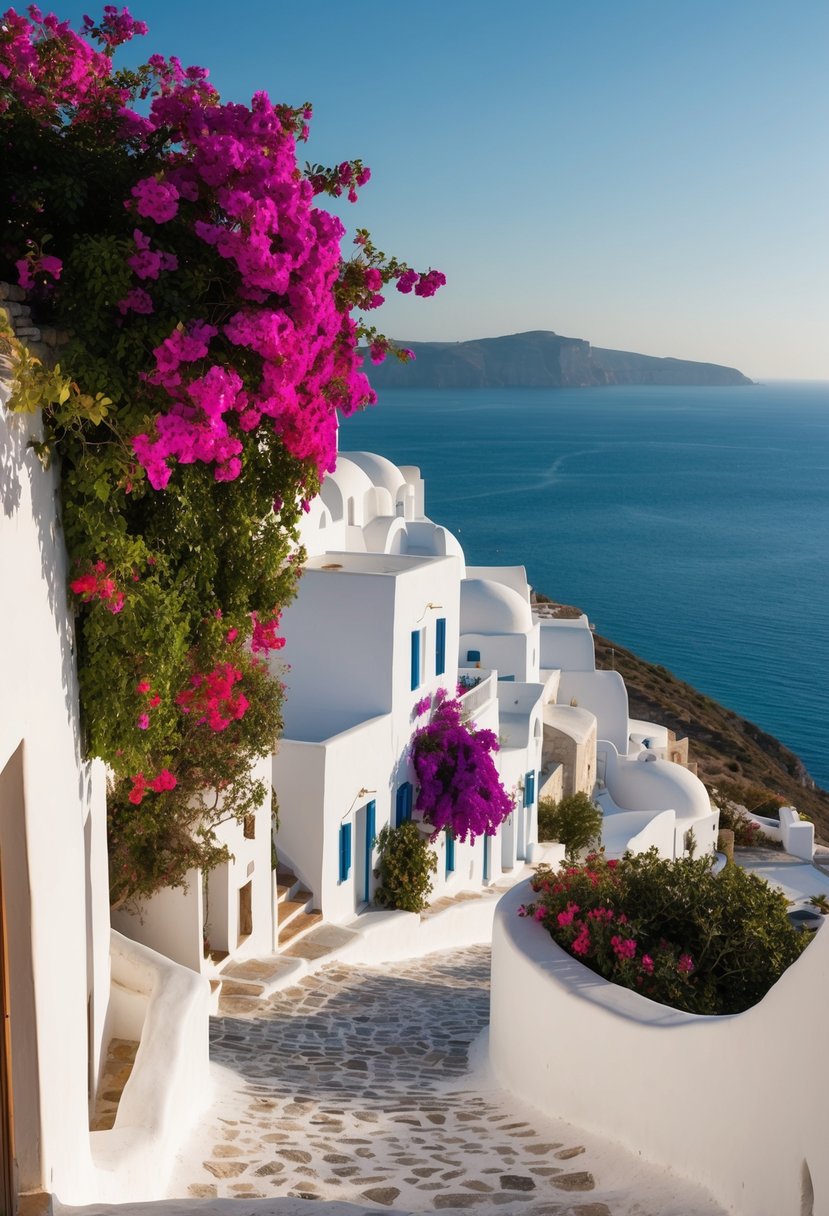A picturesque white-washed village nestled on a hillside overlooking the Aegean Sea. Colorful bougainvillea cascading down narrow cobblestone streets. A romantic setting for a honeymoon in Greece