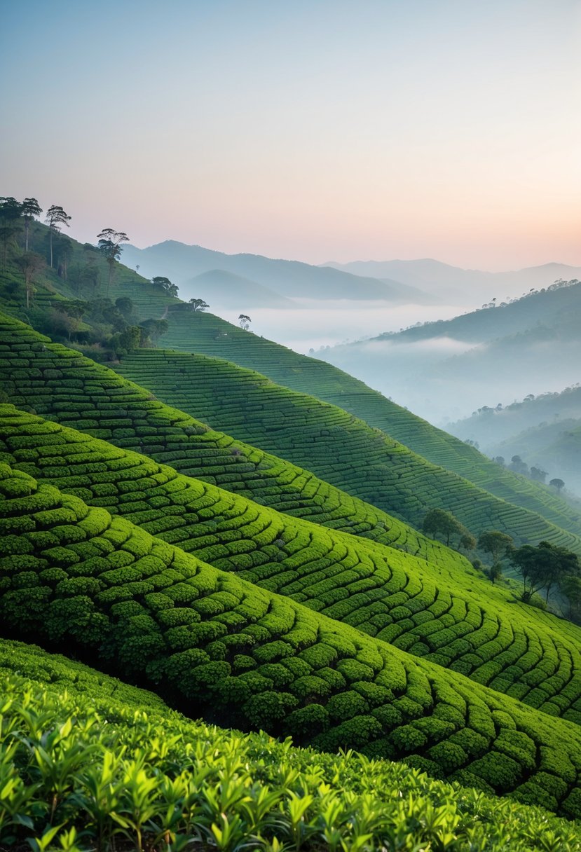 Rolling hills of lush green tea gardens in Munnar, India, with misty mountains in the background, creating a serene and romantic atmosphere