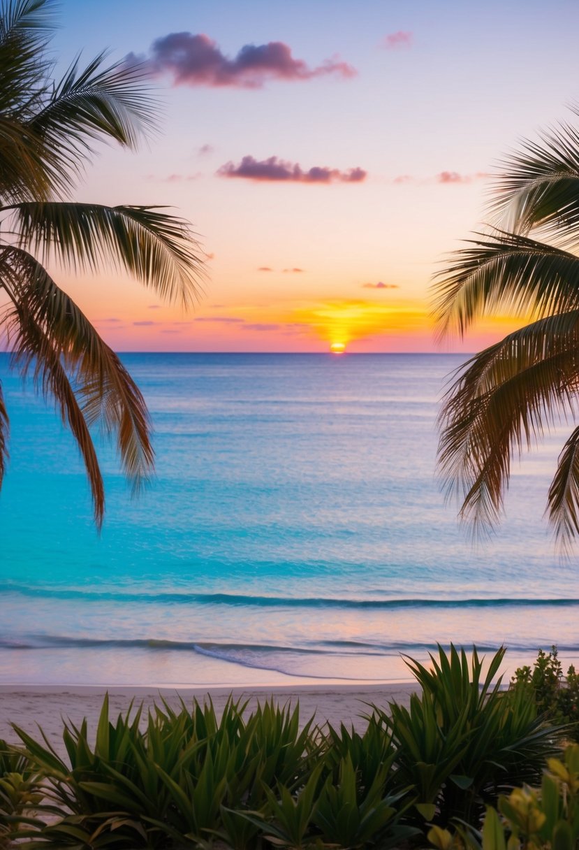 A serene beach with palm trees, crystal-clear waters, and a colorful sunset over the horizon