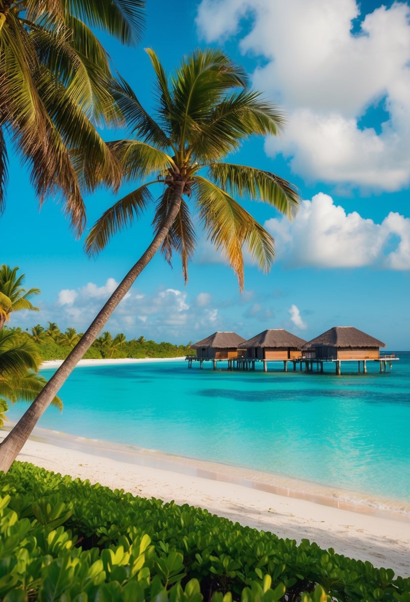 A tropical beach with crystal-clear waters, palm trees, and luxurious overwater bungalows surrounded by lush greenery