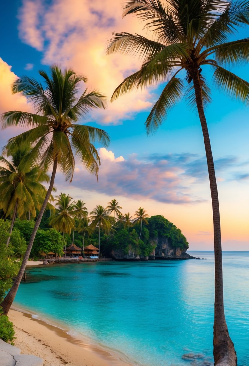 A picturesque beach in Bali, Indonesia with lush palm trees, clear blue waters, and a colorful sunset