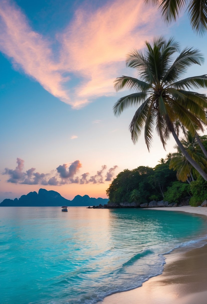 A serene beach in Phuket, Thailand with crystal clear waters, palm trees, and a colorful sunset