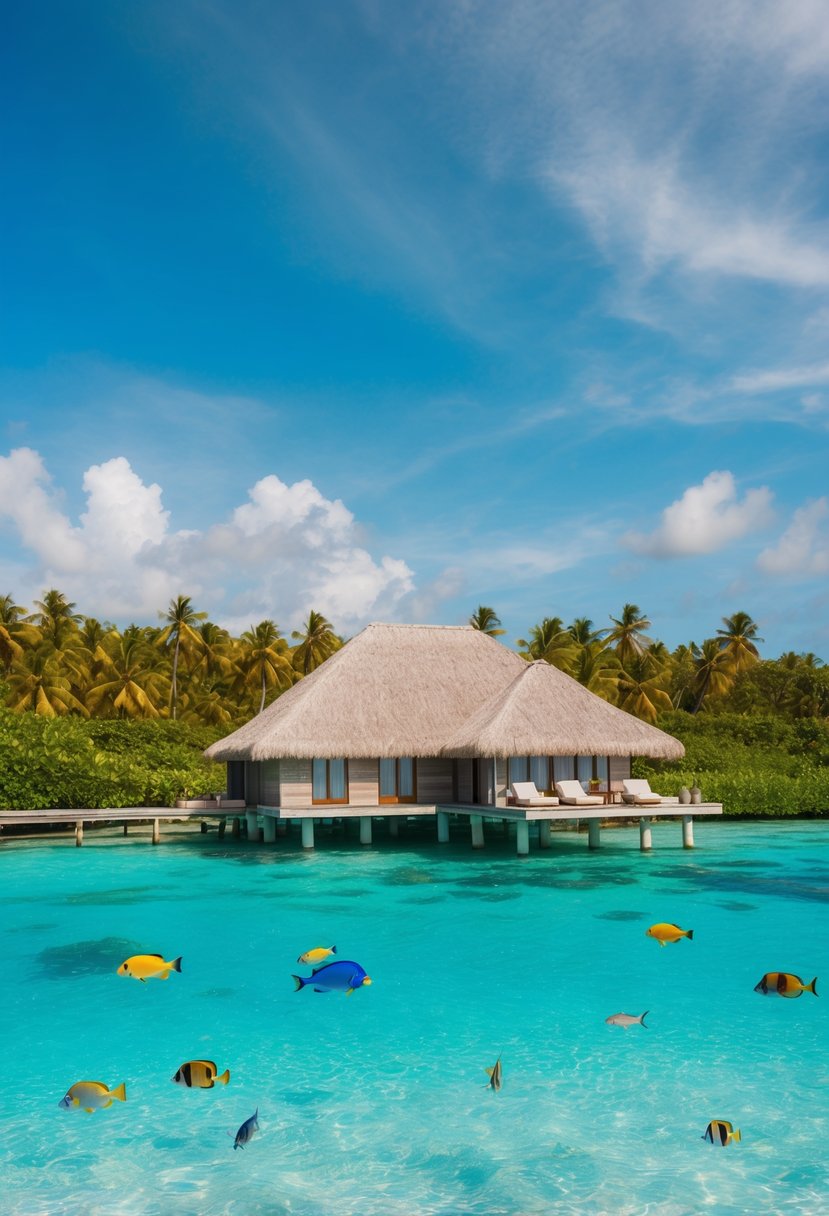 A luxurious overwater bungalow on crystal clear turquoise waters, surrounded by lush greenery and colorful tropical fish