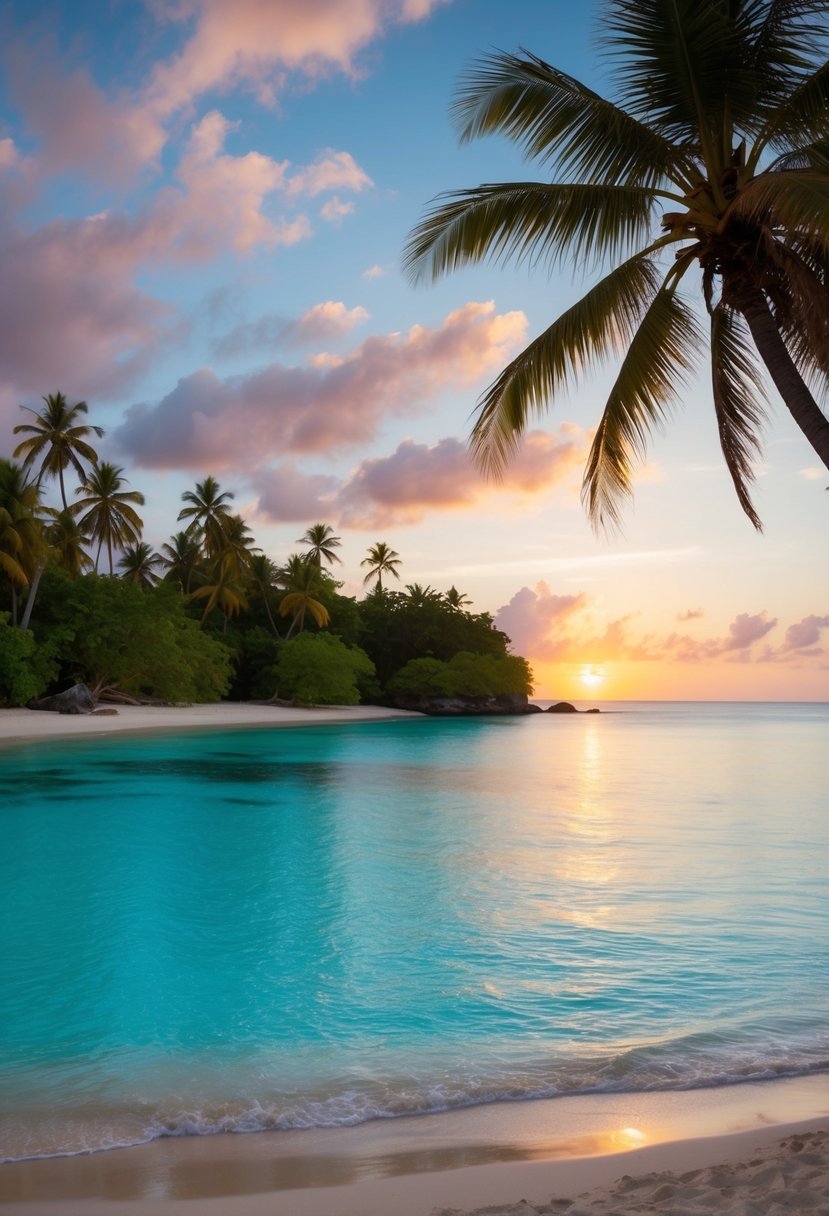A secluded tropical beach with crystal clear water, palm trees, and a colorful sunset