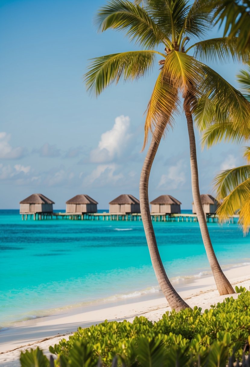 A serene beach with crystal-clear turquoise waters, palm trees, and overwater bungalows nestled in the Maldives