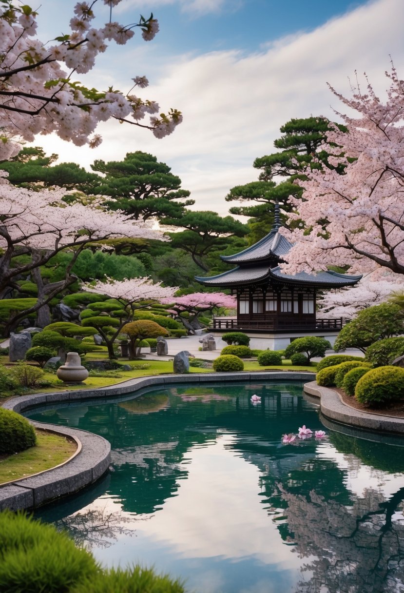 A serene traditional Japanese garden with a koi pond, cherry blossom trees, and a pagoda in the background