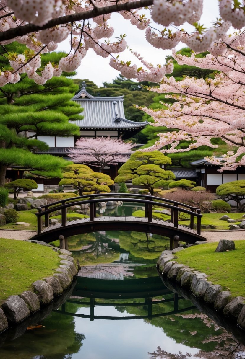 A serene Kyoto garden with blooming cherry blossoms and a traditional wooden bridge over a tranquil pond