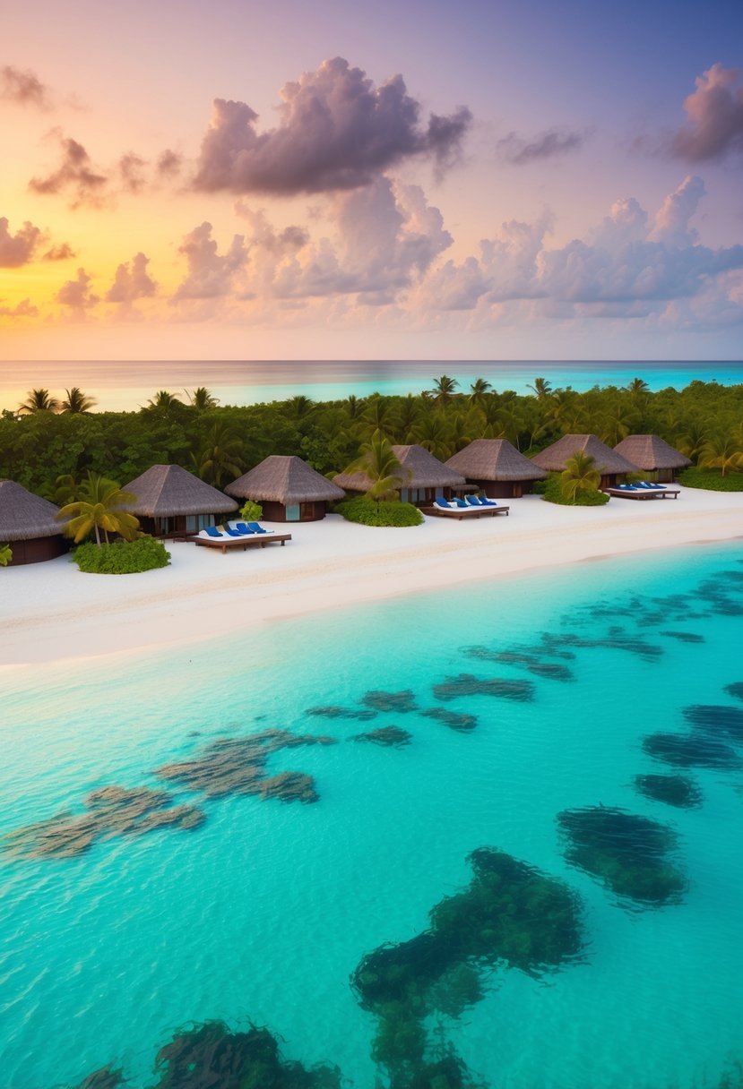 Crystal-clear waters lap against white sandy beaches surrounded by lush tropical foliage, dotted with overwater bungalows and palm trees. A colorful sunset paints the sky above the luxurious Maldives all-inclusive honeymoon resort