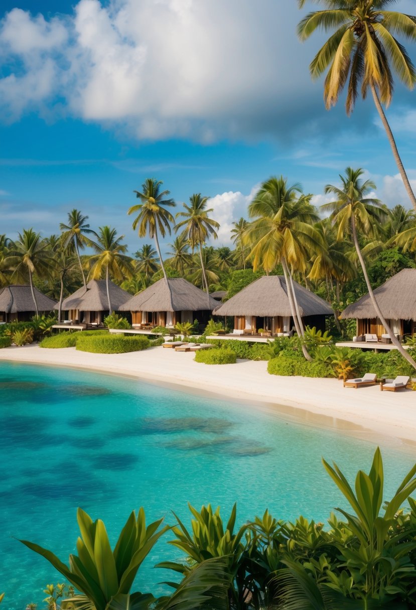 A tranquil beachfront resort with palm trees, crystal-clear waters, and luxurious villas nestled among lush tropical gardens in Bali, Indonesia