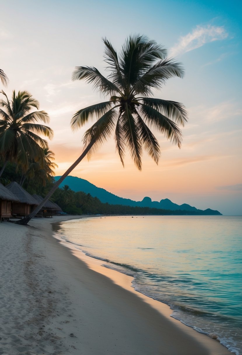 A serene beach at sunset with palm trees, clear blue waters, and traditional Balinese huts nestled along the shore