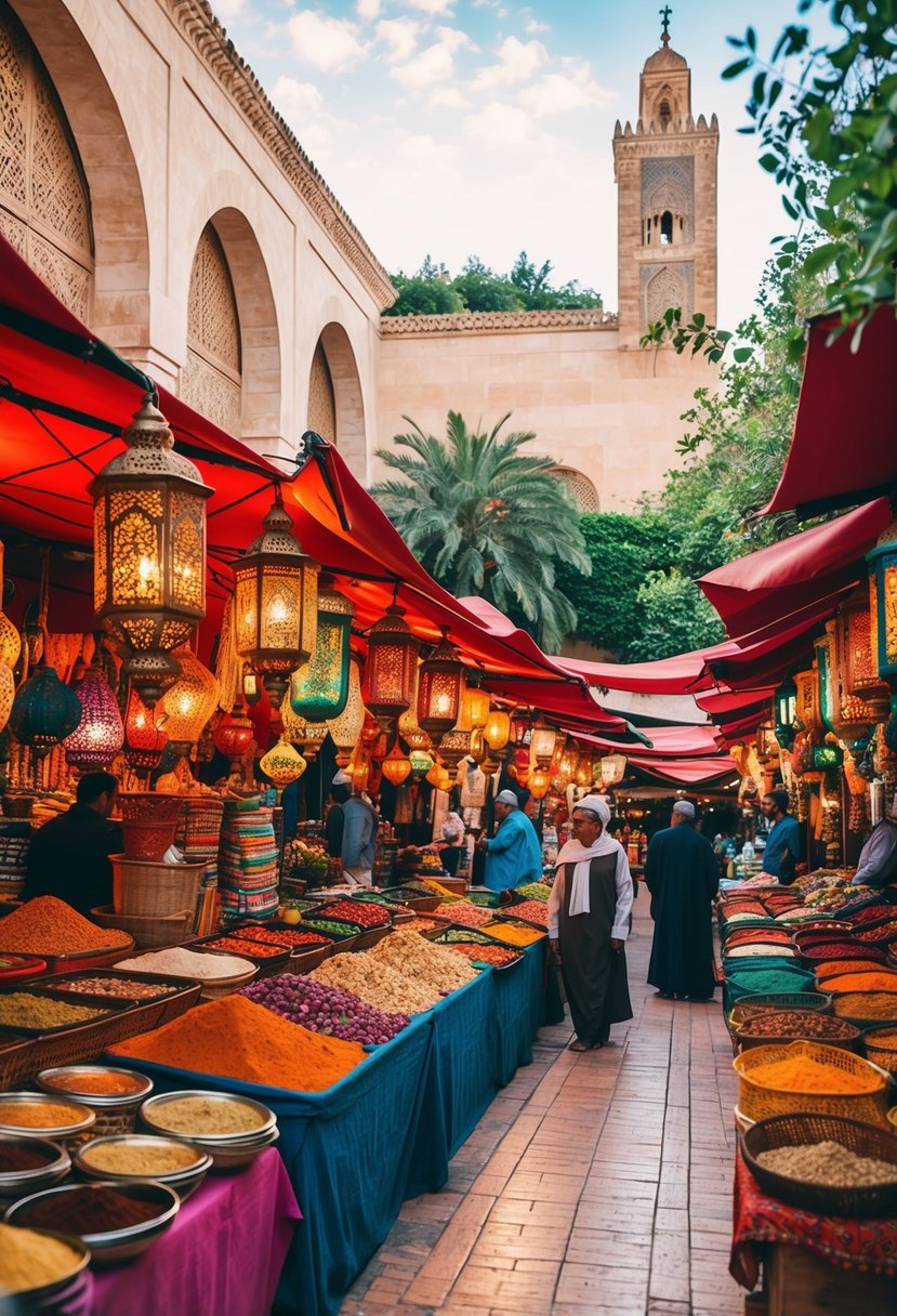 A bustling Moroccan market with vibrant textiles, intricate lanterns, and exotic spices. A backdrop of historic architecture and lush gardens