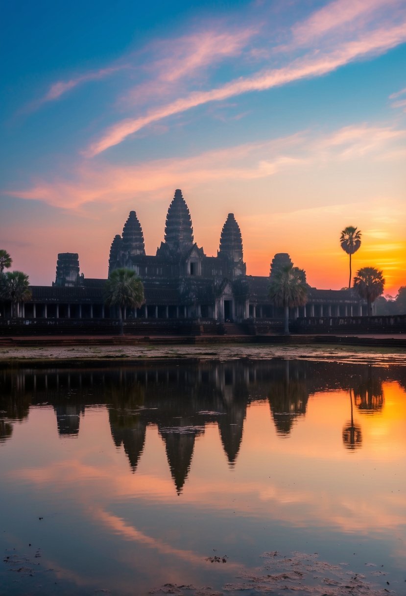 A tranquil sunset over the ancient temples of Siem Reap, Cambodia