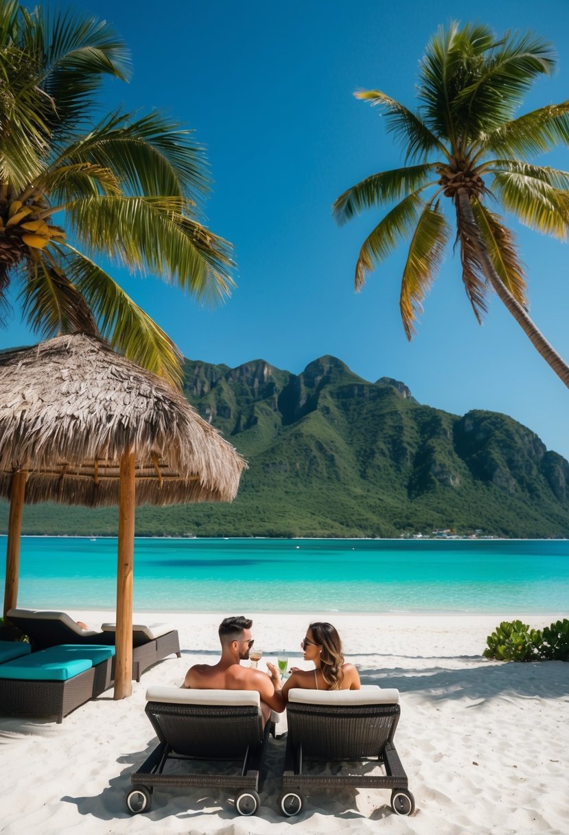 A couple lounges on a white sand beach, overlooking crystal-clear turquoise waters and lush green mountains in the distance. A palapa provides shade, and palm trees sway in the gentle breeze