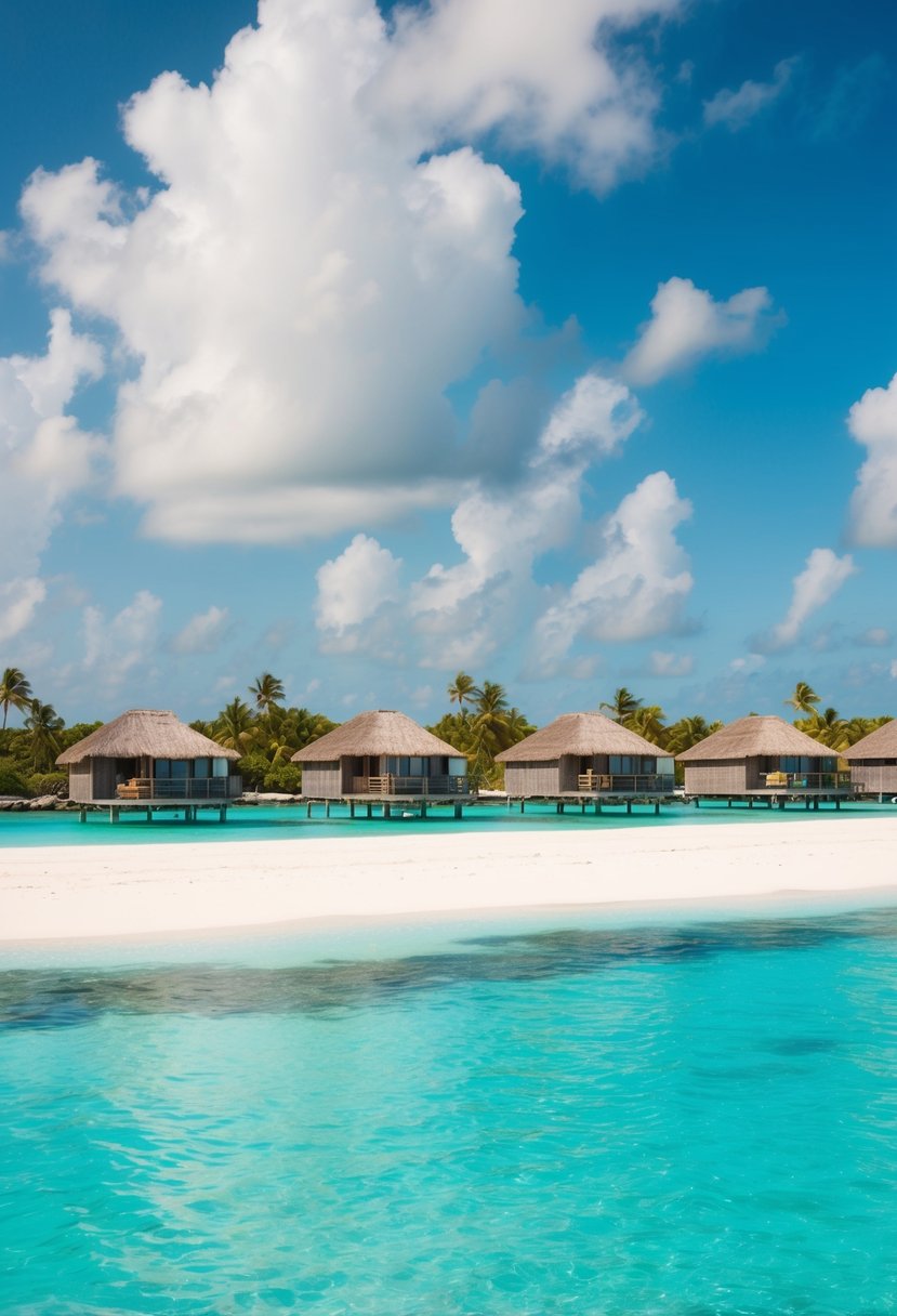 Crystal-clear turquoise waters surround overwater bungalows on a white sandy beach with palm trees and colorful coral reefs