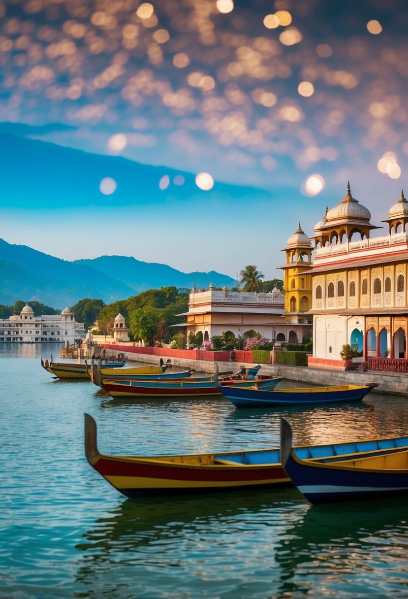 A serene lakeside view of Udaipur, with traditional Indian architecture and colorful boats