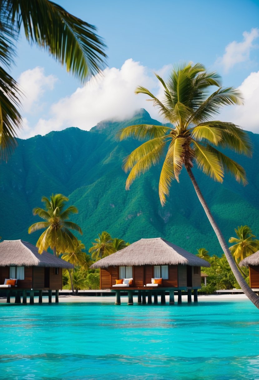 Turquoise lagoon with overwater bungalows, palm trees, and lush green mountains in the background