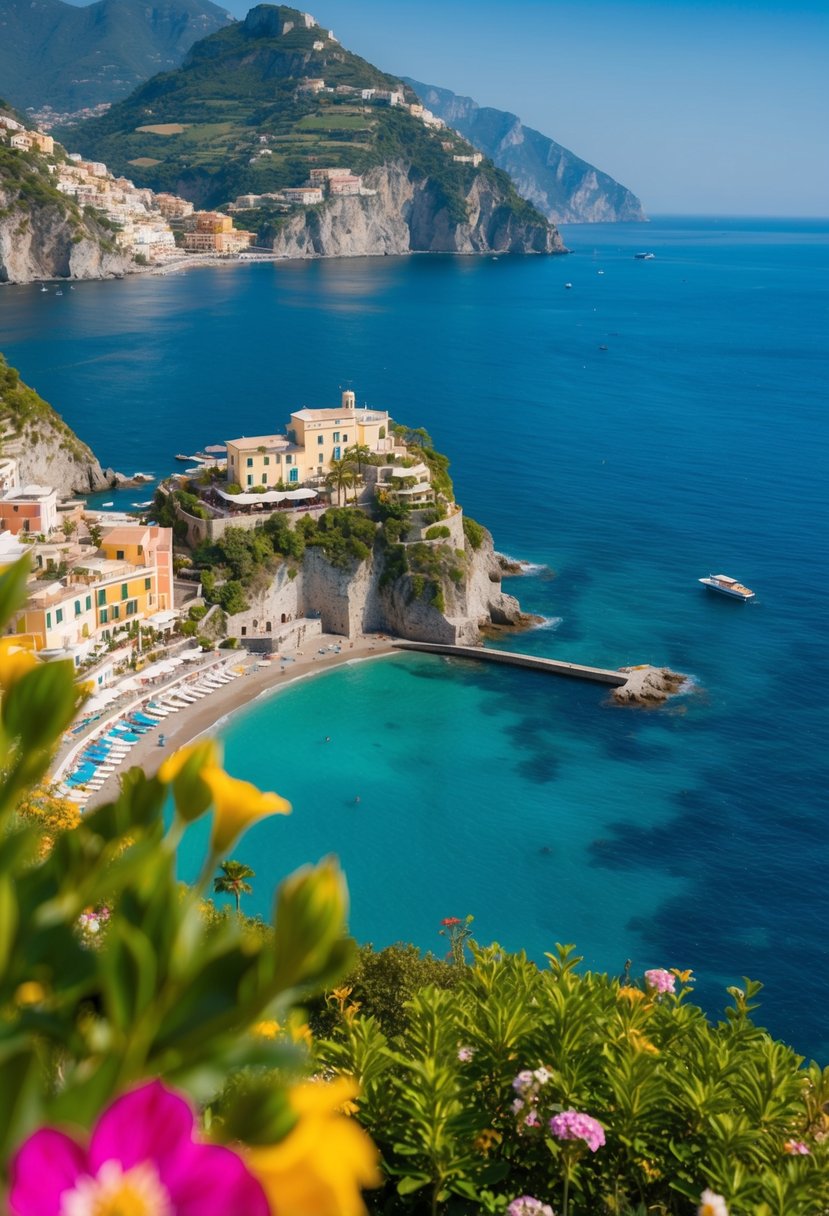 A coastal villa overlooks turquoise waters and colorful cliffside towns along the Amalfi Coast, with lush greenery and vibrant flowers in the foreground