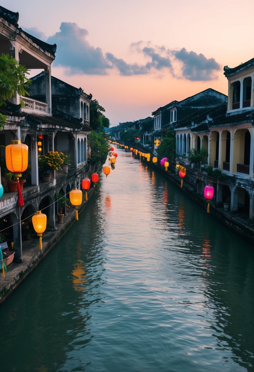 A serene river flowing through the ancient town of Hoi An, Vietnam, with colorful lanterns hanging from the buildings along the water's edge