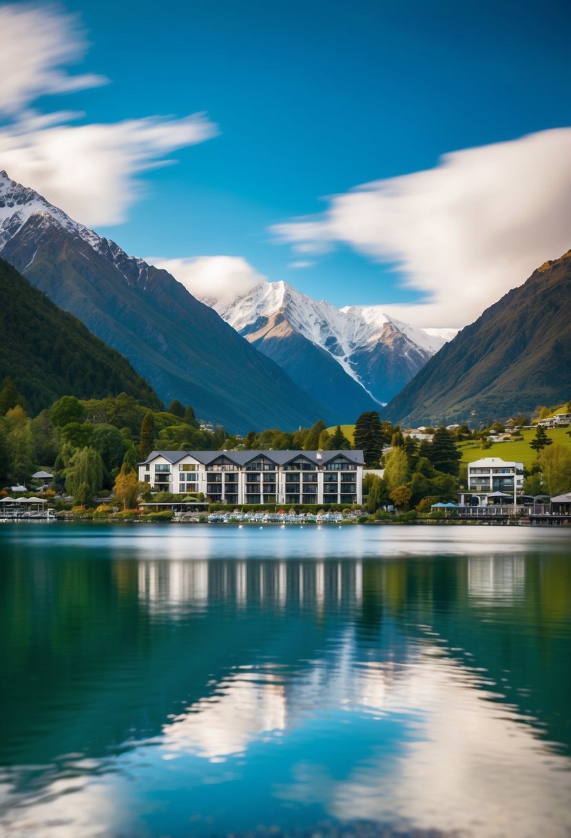 A serene lakeside resort nestled in the mountains, surrounded by lush greenery and snow-capped peaks in Queenstown, New Zealand