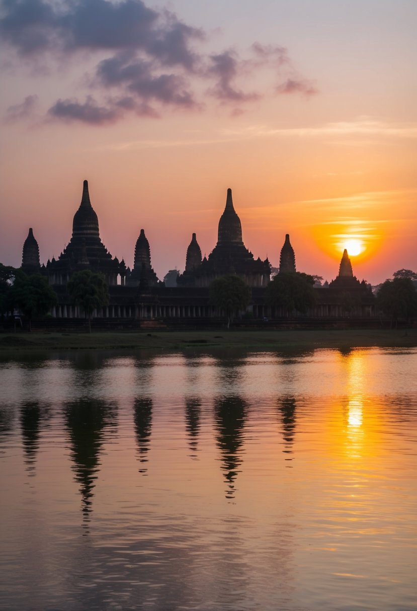 A tranquil sunset over the ancient temples and pagodas of Yangon, Myanmar, creating a romantic and enchanting honeymoon destination in Asia
