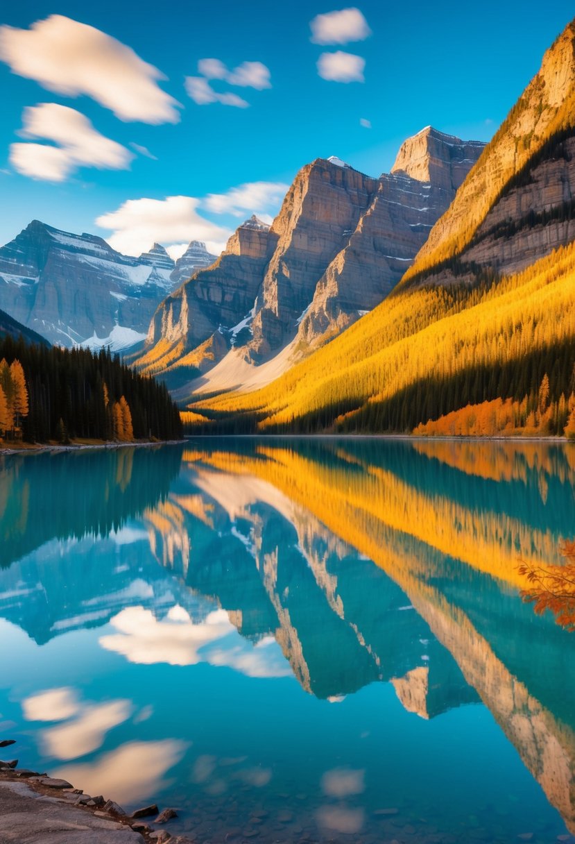 Majestic mountains overlook a serene, turquoise lake reflecting the vibrant colors of the surrounding autumn foliage in Banff, Canada