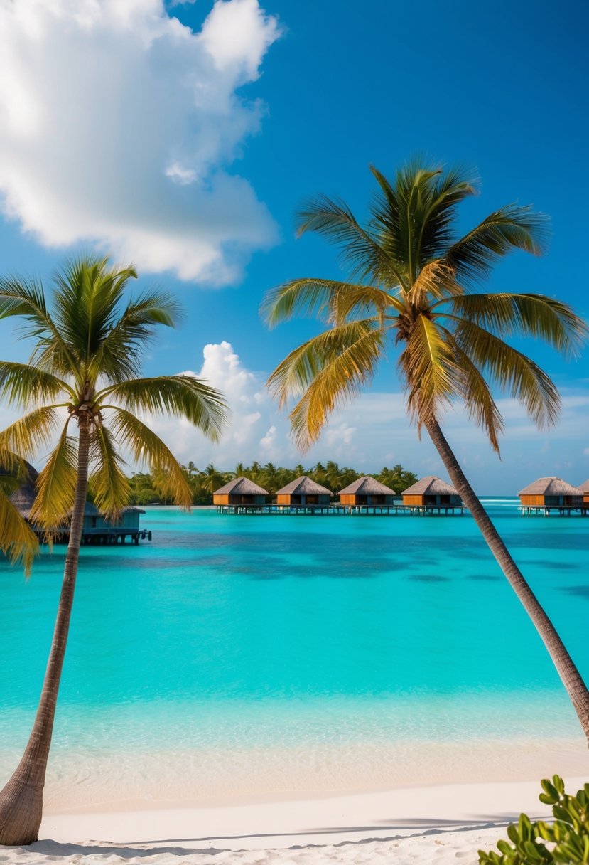 A serene beach with crystal-clear turquoise water, palm trees, and luxurious overwater bungalows in the background