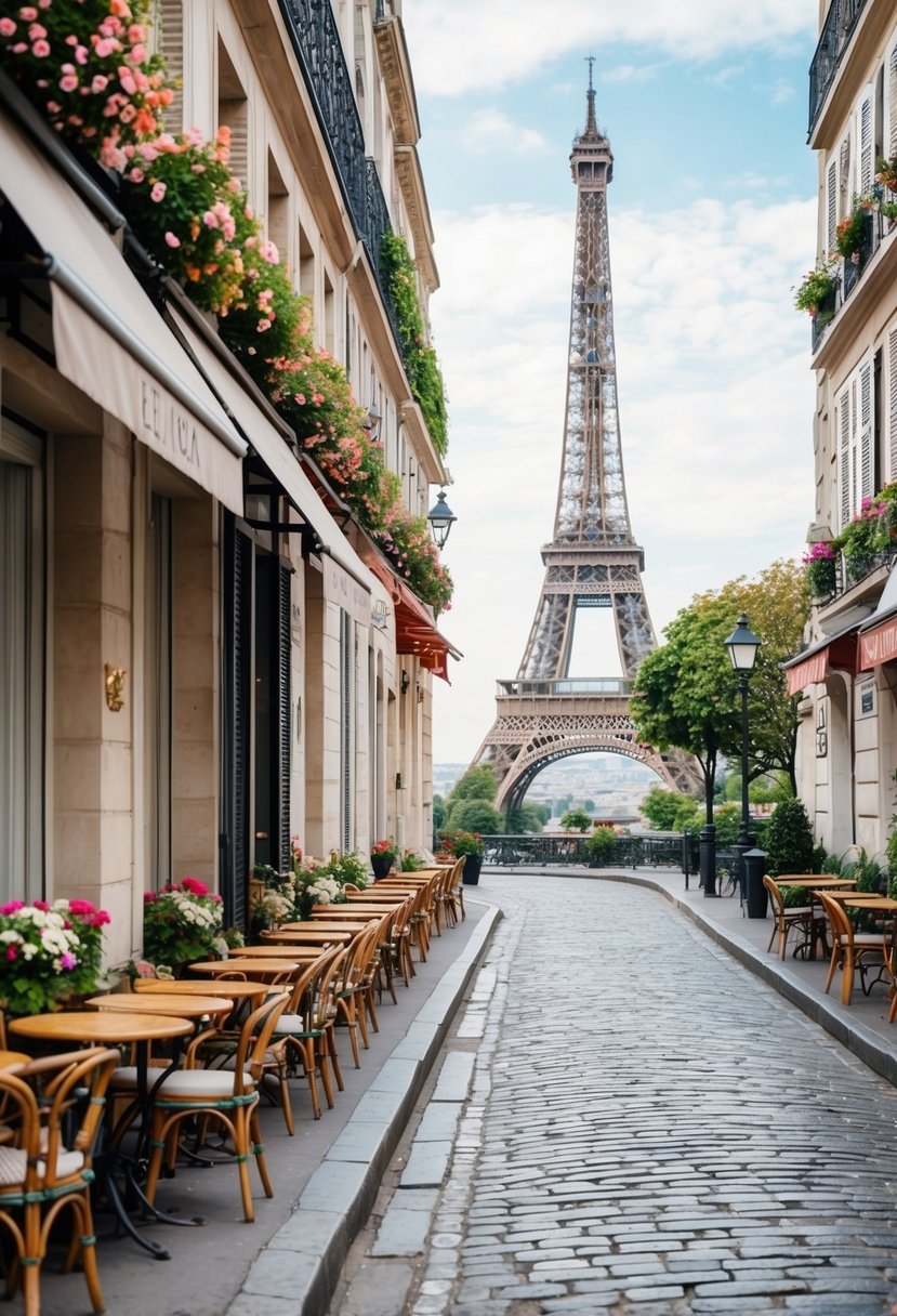 A quaint cobblestone street lined with charming cafes and flower-filled window boxes, overlooked by the iconic Eiffel Tower