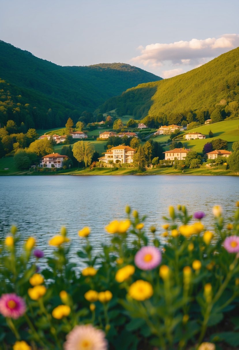 A serene lake surrounded by lush green hills, dotted with charming villas and colorful flowers, under the golden glow of the setting sun