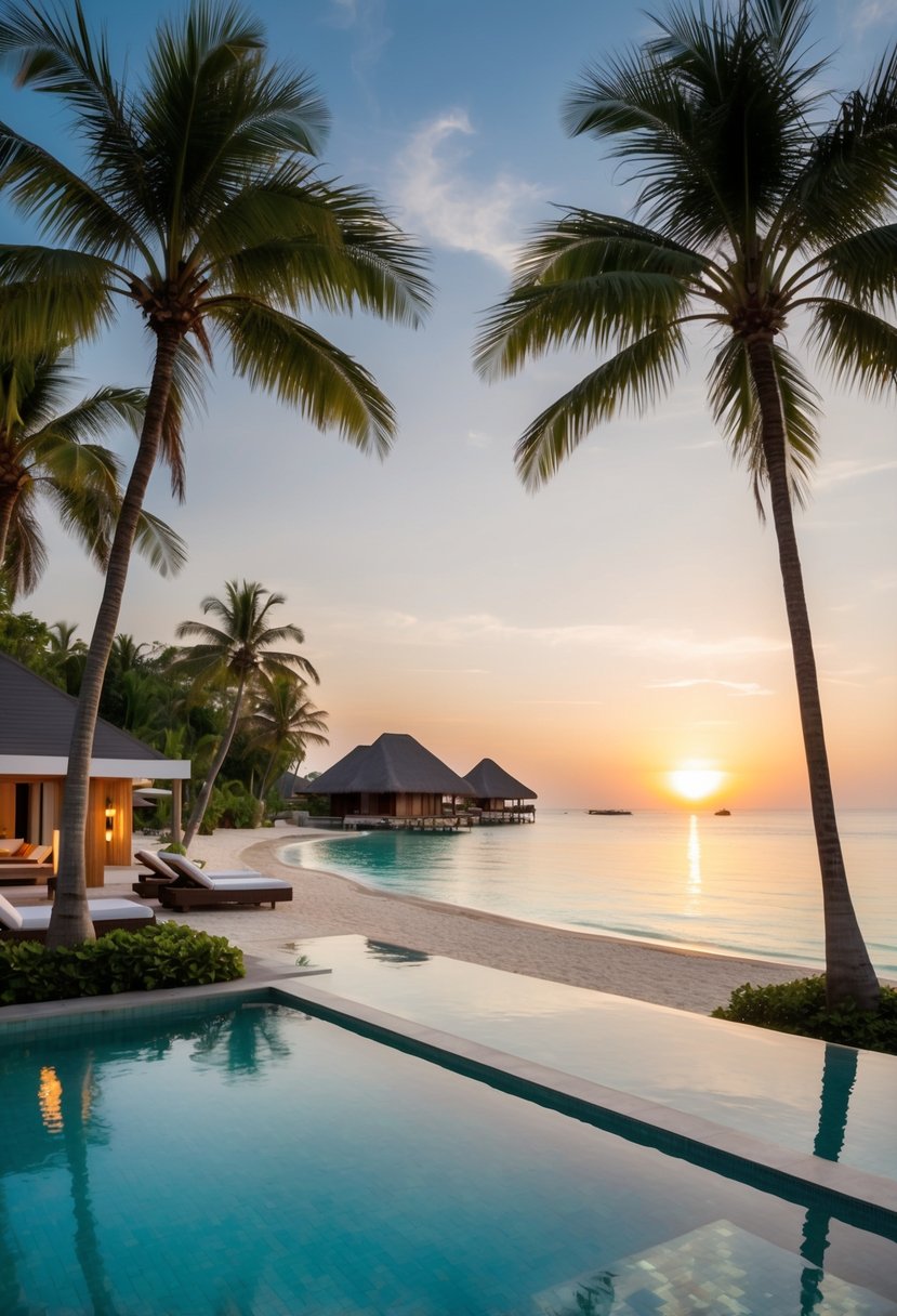 A serene beach resort in Phuket, Thailand, with luxurious villas, palm trees, crystal-clear waters, and a stunning sunset view