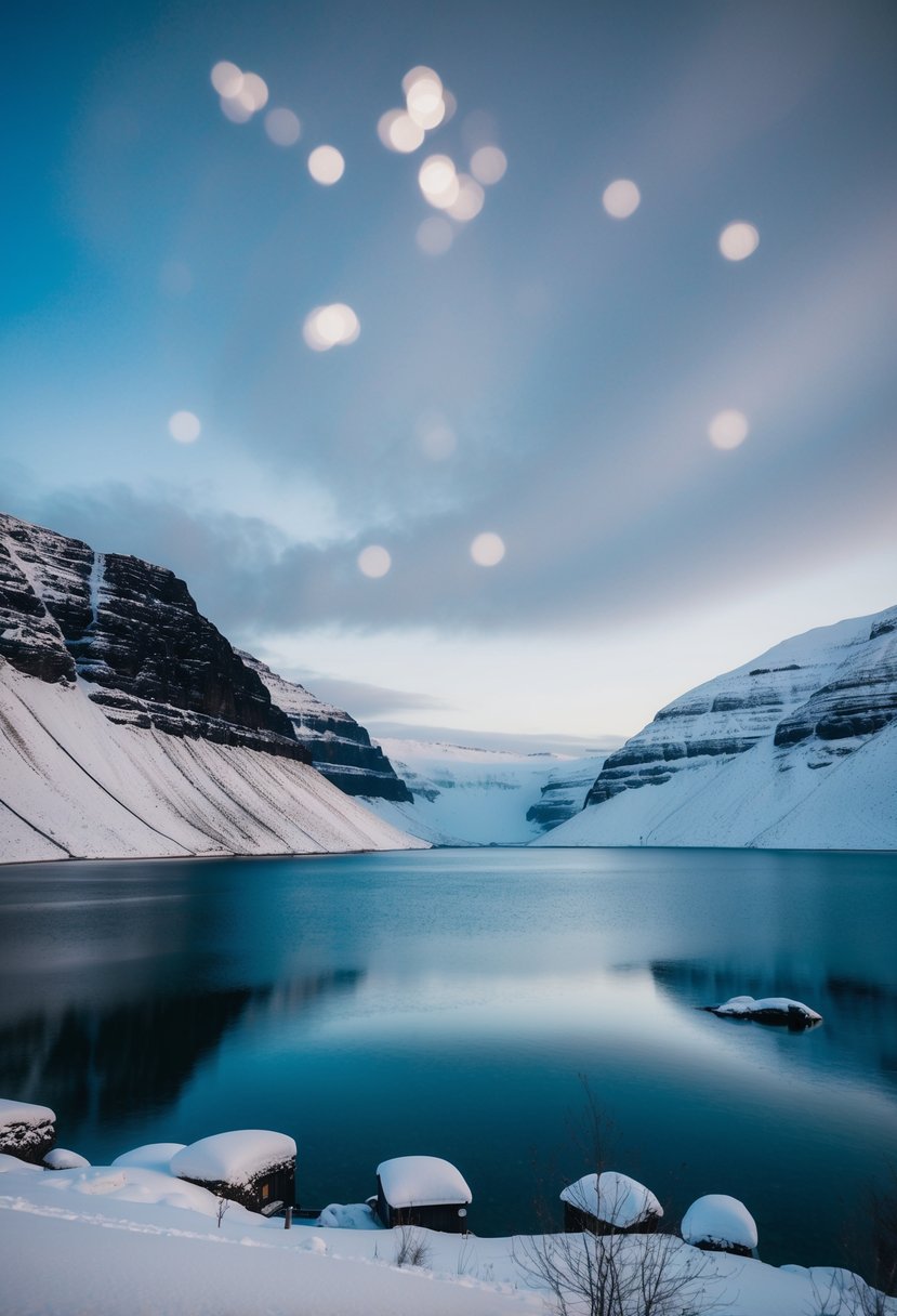 A cozy cabin nestled among snowy mountains and icy blue lakes in Iceland