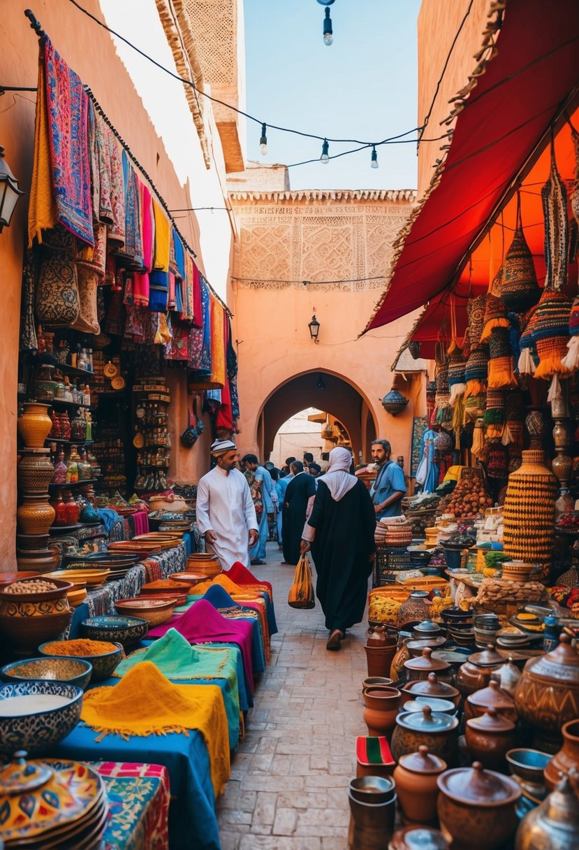 A vibrant marketplace in Marrakech, Morocco, filled with colorful textiles, intricate pottery, and bustling activity. The scent of exotic spices fills the air as tourists and locals alike explore the bustling souks