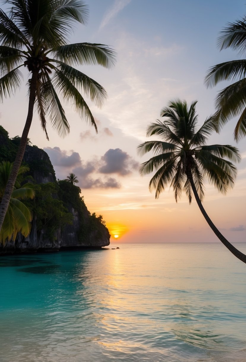 A serene beach with crystal clear waters, palm trees swaying in the gentle breeze, and a colorful sunset over the horizon in Lombok, Indonesia