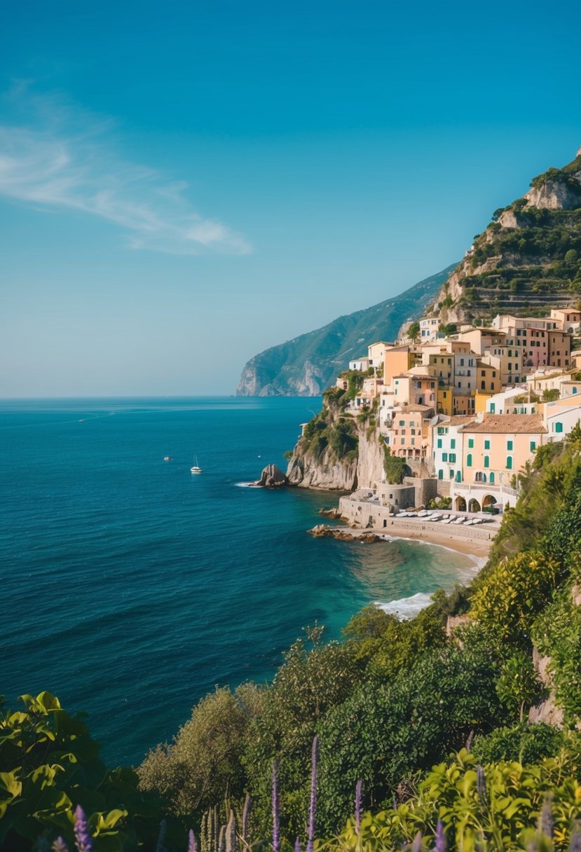 A cliffside village overlooks the sparkling blue sea, with colorful buildings and lush greenery cascading down the mountainside