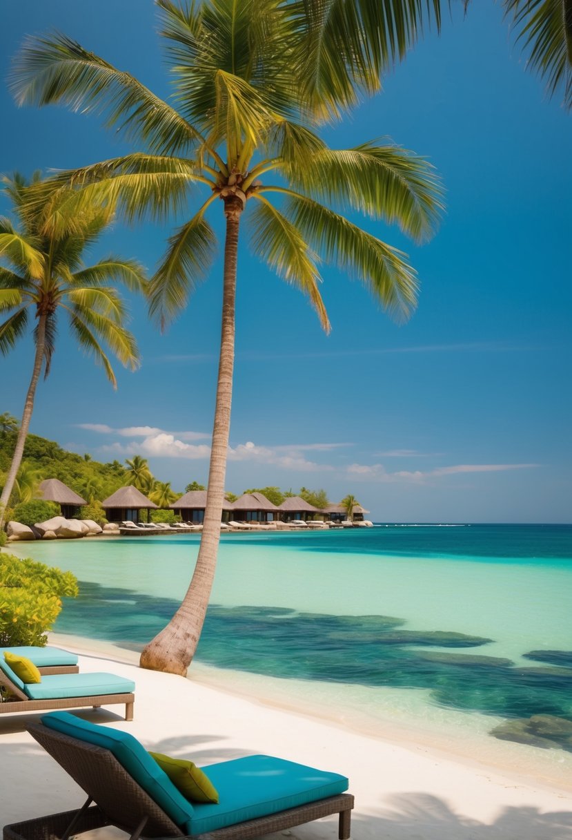 A serene beach resort with palm trees, crystal-clear waters, and luxurious villas overlooking the ocean on Koh Samui, Thailand