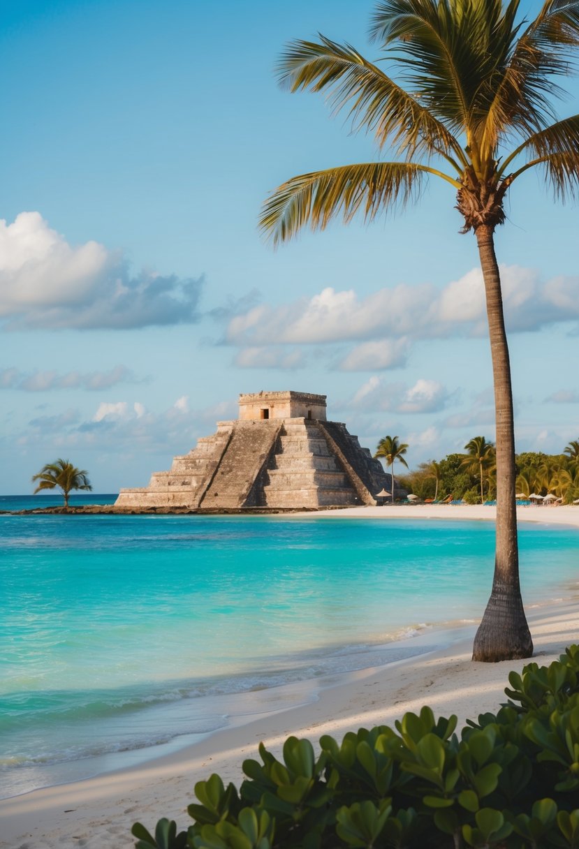 A serene beach at Tulum, Mexico with crystal-clear turquoise waters, palm trees, and ancient Mayan ruins in the background