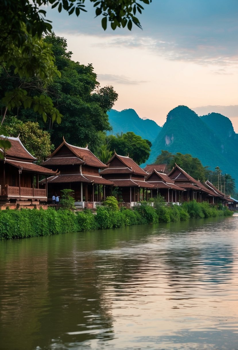 A serene riverside view of Luang Prabang, Laos, with traditional wooden houses, lush greenery, and a tranquil atmosphere