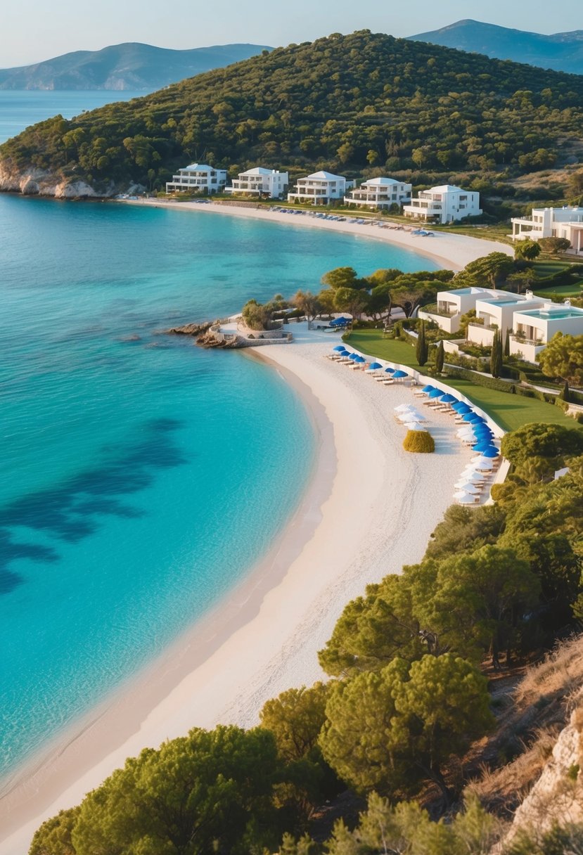 A serene beach with crystal-clear waters, white sand, and lush greenery, surrounded by luxury resorts and romantic villas in Zakynthos, Greece