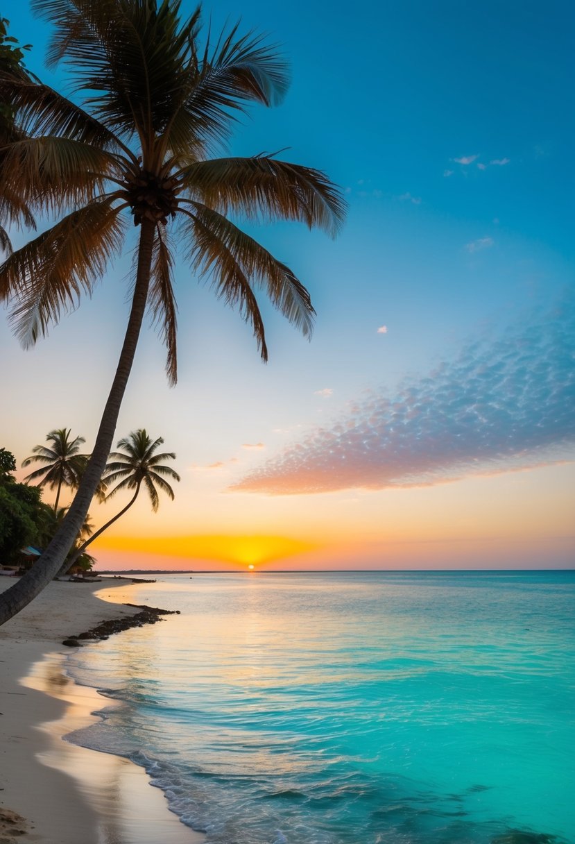 A serene beach with crystal clear turquoise waters, palm trees swaying in the gentle breeze, and a colorful sunset casting a warm glow over the horizon in Zanzibar, Tanzania