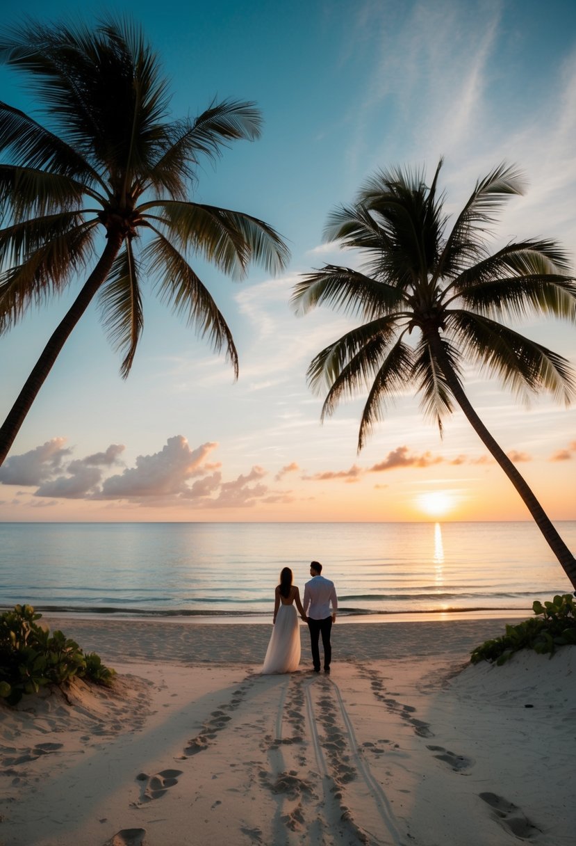 A tropical beach at sunset, with palm trees, a calm ocean, and a couple's footprints in the sand