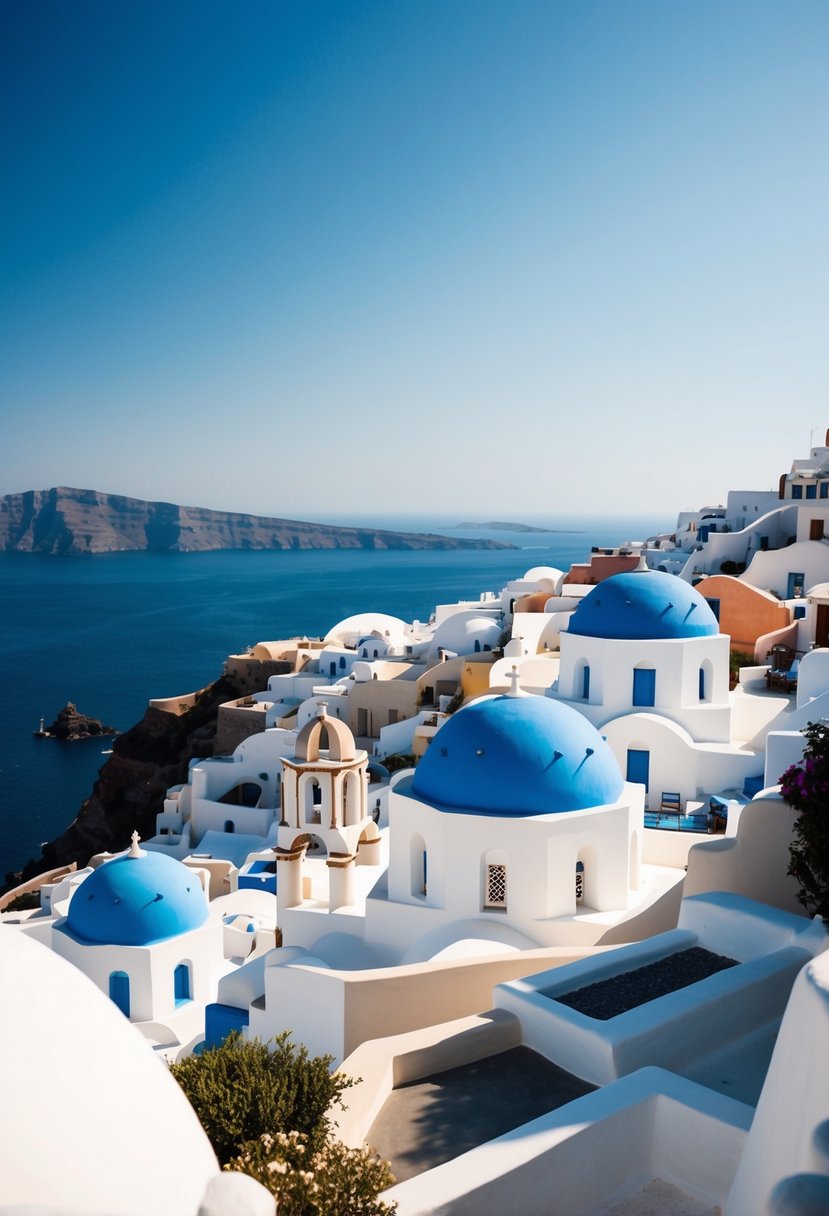 A picturesque view of the iconic white and blue buildings of Santorini, overlooking the clear blue waters of the Aegean Sea