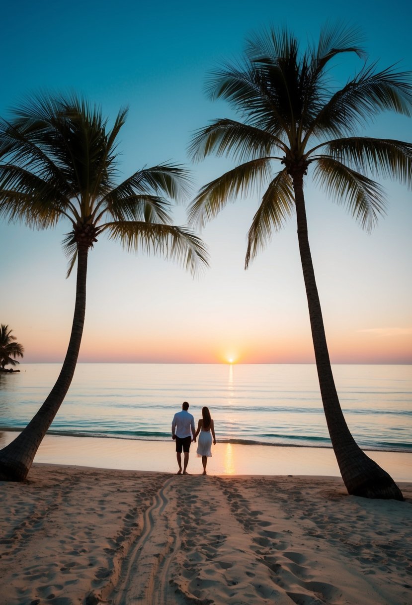 A serene beach at sunset, with palm trees, clear blue water, and a couple's footprints in the sand