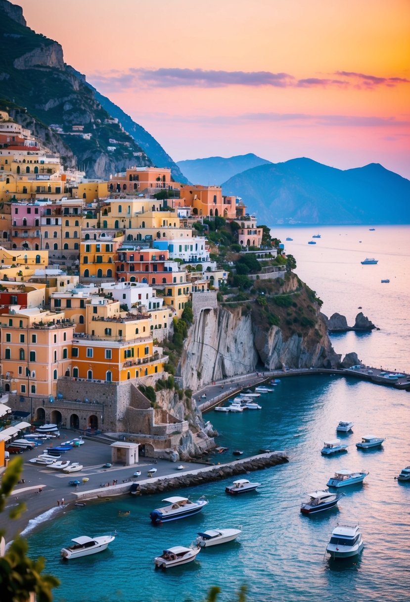 A vibrant sunset over the Amalfi Coast, with colorful buildings perched on cliffs and boats dotting the sparkling sea