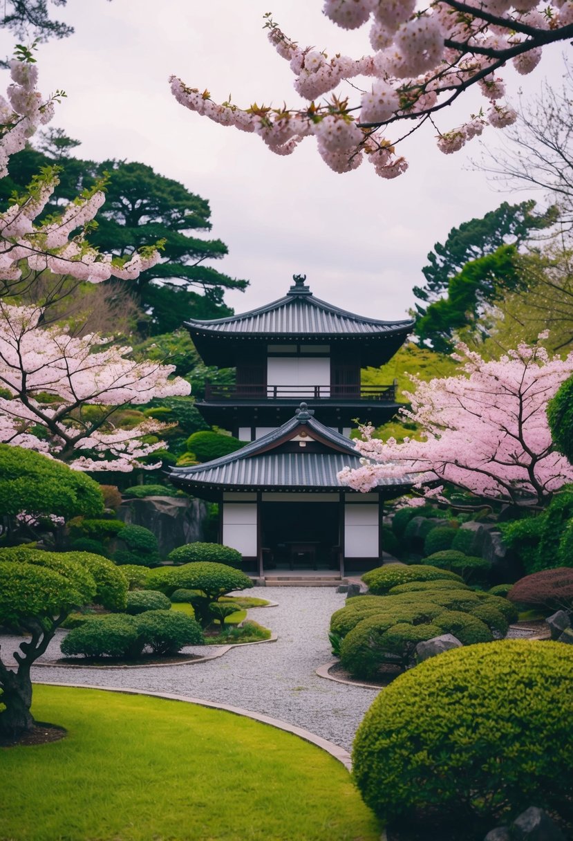 A serene garden with blooming cherry blossoms and a traditional Japanese tea house nestled among lush greenery in Kyoto, Japan
