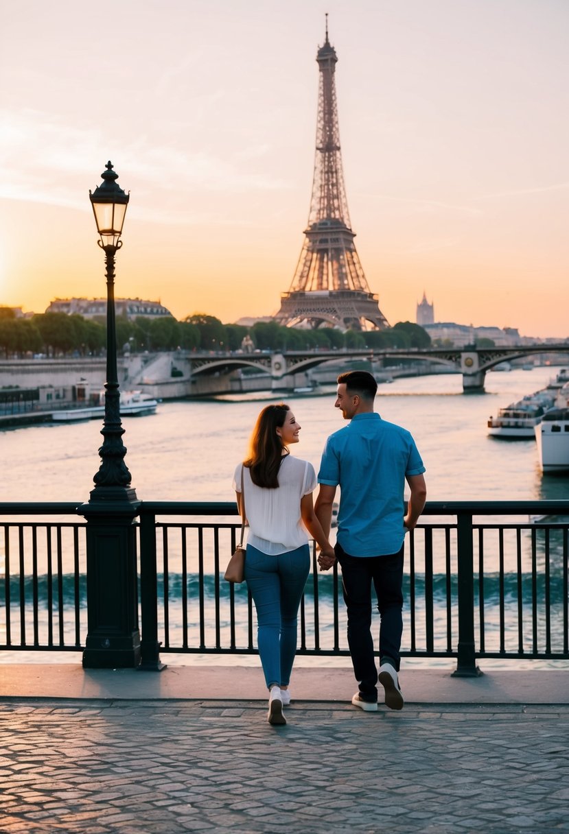 A couple strolling along the Seine River, with the Eiffel Tower in the background and the warm August sun setting over the city of Paris, France