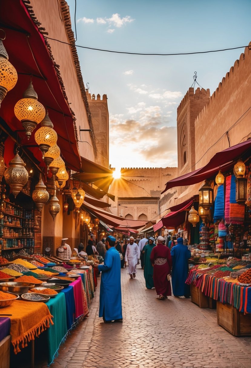 A vibrant marketplace in Marrakech, Morocco, with colorful textiles, spices, and ornate lanterns. The sun sets over the bustling city, casting a warm glow over the ancient architecture