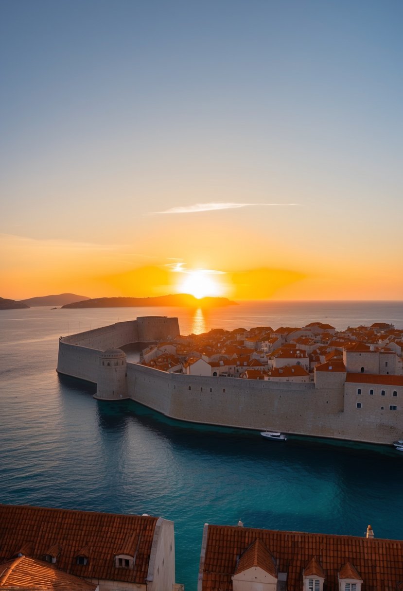 The sun sets over the historic city walls of Dubrovnik, casting a warm glow over the terracotta rooftops and crystal-clear Adriatic Sea