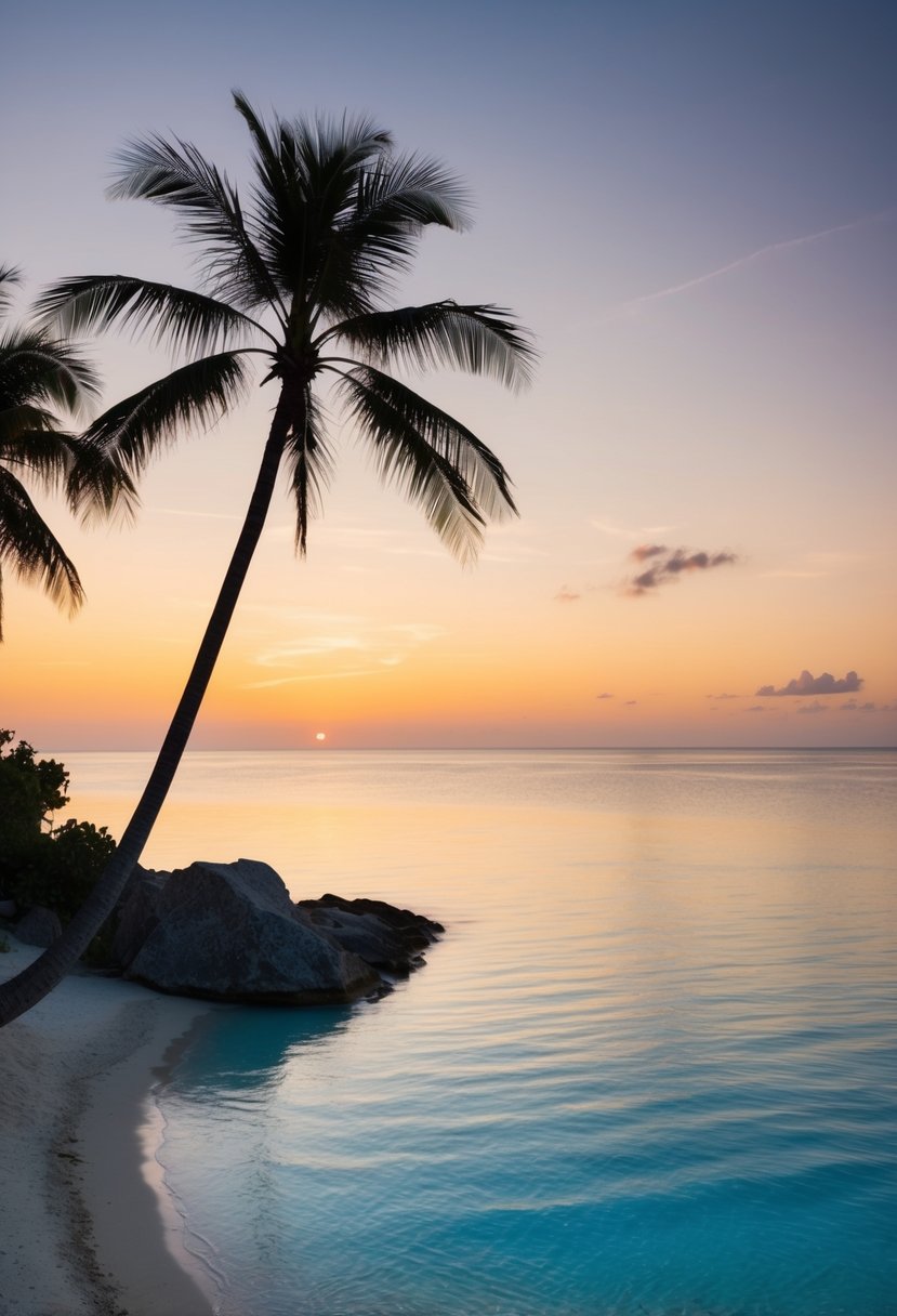 A tranquil beach at sunset, with palm trees and crystal-clear waters, perfect for a romantic getaway