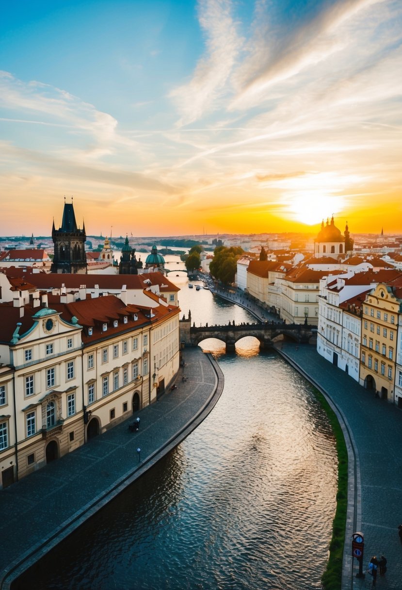 A picturesque view of Prague's historic architecture and cobblestone streets, with the Vltava River winding through the city under a sunny August sky